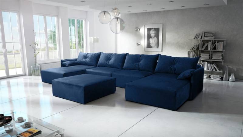 Wohnlandschaft mit Schlaffunktion HUNTER in Stoff Royal Blau Inkl. Hocker von Fun Möbel