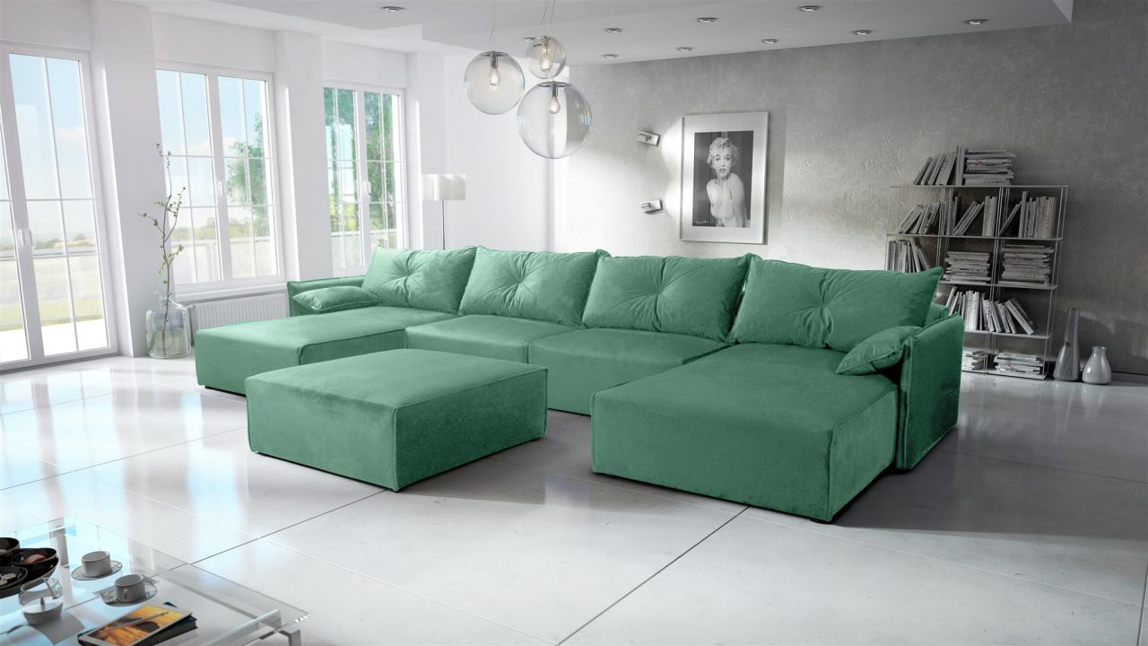 Wohnlandschaft mit Schlaffunktion HUNTER in Stoff Royal Mintgrün Inkl. Hocker von Fun Möbel