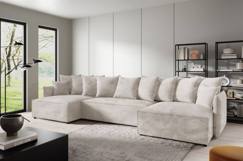 Wohnlandschaft mit Schlaffunktion MINEA Sofa U-Form in Stoff Poso Altweiß von Fun Möbel