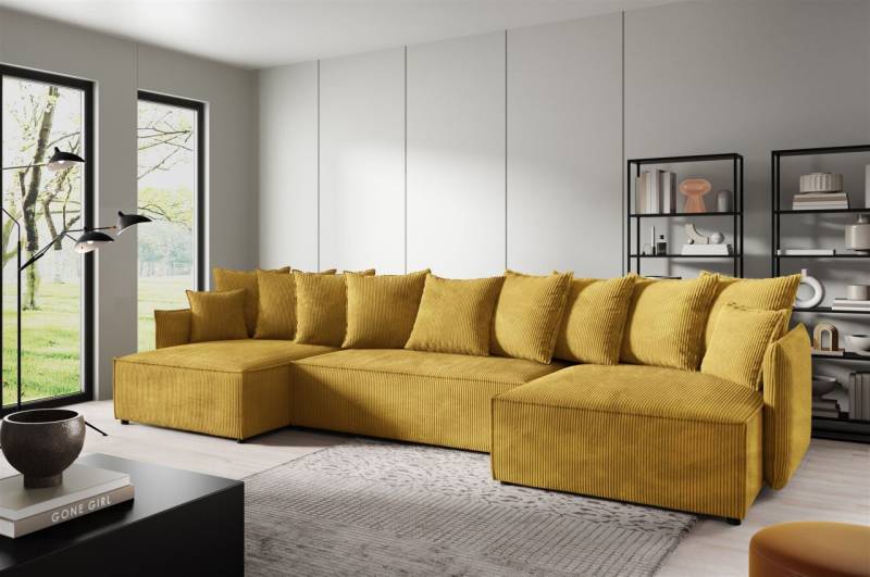 Wohnlandschaft mit Schlaffunktion MINEA Sofa U-Form in Stoff Poso Honiggelb von Fun Möbel