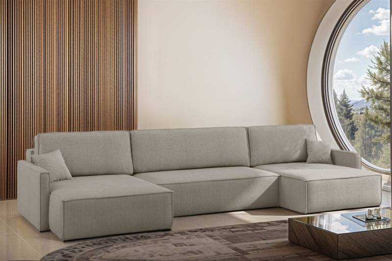 Wohnlandschaft mit Schlaffunktion Sofa LOUIS Stoff Scala Hellgrau von Fun Moebel