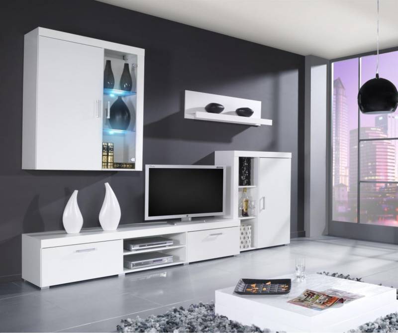 Wohnwand Schrankwand 4 tlg. YORK Weiss HGL mit LED-Beleuchtung von Fun Moebel