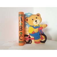 Vintage Buchstützen Holz Handbemalt Bär Für Kinderzimmer Dekor Retro Buch Stand von FunAntic