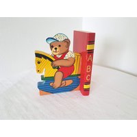 Vintage Buchstützen Holz Handbemalt Bär Für Kinderzimmer Dekor Retro Buch Stand von FunAntic