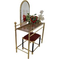 Vintage Hollywood Regency Schminktisch Set Moderne Chrom Und Glas Tisch Mit Spiegel Gepolsterten Hocker von FunAntic
