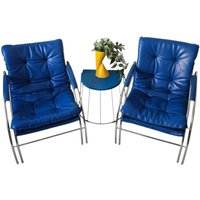 Vintage Postmodern Chrom Stahlrohr Lounge Sessel Mit Blauer Kunstleder Polsterung | 1 Von 2 von FunAntic