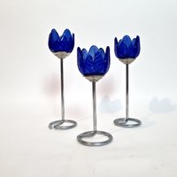 Vintage Set Von 3 Kerzenhaltern Aus Glas Und Metall Blumen von FunAntic