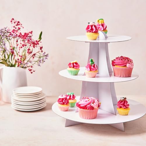 FunCakes Tortenständer Weiß: 3 Etagere Cupcake- und Muffin-Ständer aus Karton Display Dessert Tower, Muffin Stand für Geburtstag Baby Party Kaffeetafel von FunCakes