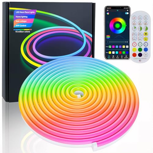 RGB Neon Streifen 3m, 24V Neon Led strip, Silikon Light band Flexible mit APP/Fernbedienung, IP67 Wasserdicht Musiksynchronisierung Streifen für Home Dekoration Beleuchtung (5M) von FunGeneTEC