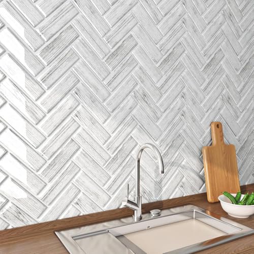 FunStick 30×30CM 15 Stück Fliesenaufkleber Badezimmer Grau Vinyl Wandfliesen Selbstklebend Küche Weiß Grau 3D Fliesenaufkleber Holzoptik Klebefliesen Küche PVC Fliesen Selbstklebend Fischgrätenmuster von FunStick