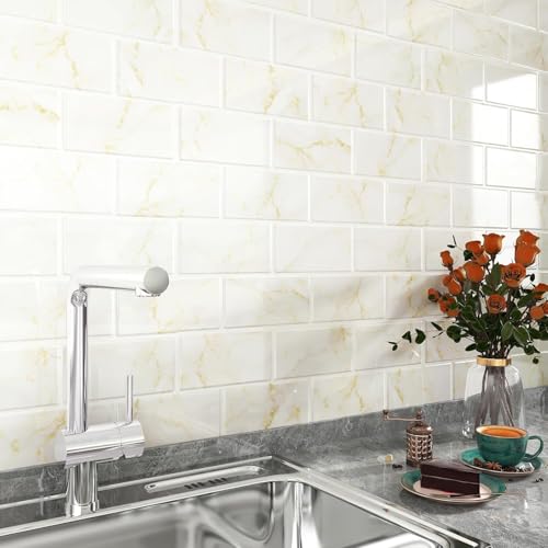 FunStick 30×30CM 15 Stück Fliesenaufkleber Gold Weiß Selbstklebende Marmor Fliesen Küchenrückwand 3d Fliesenaufkleber Bad Wasserdicht PVC Fliesen Selbstklebend Bad Wand Küchenfolie Marmor Weiss Gold von FunStick