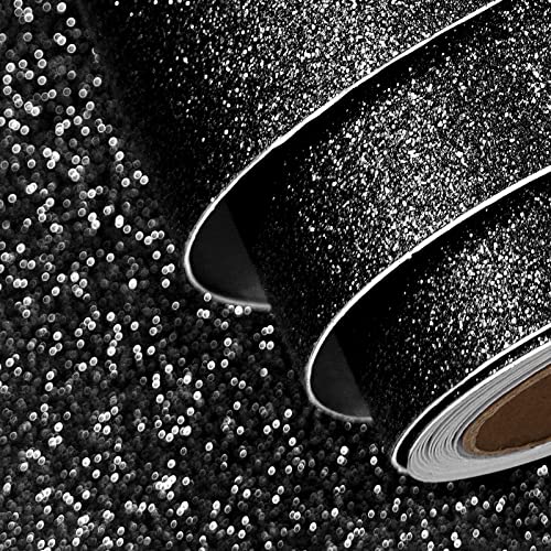 FunStick 40CM X 6M Schwarze Glitzer Tapete Selbstklebend Wand Tapeten Schlafzimmer Klebefolie Basteln Deko Möbelfolie Selbstklebend Schwarz Glitzerpapier Selbstklebend Glitzerfolie Vinyl Plotterfolie von FunStick