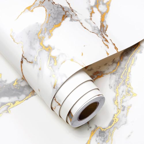 FunStick 40CM×6M Möbelfolie Weiß Marmor Tapete Selbstklebend Weiss Gold Klebefolie Möbel Küche Marmor Folie Arbeitsplatte Küche Marmor Weiß Gold PVC Möbelfolie Selbstklebend Küche Schrank Wohnzimmer von FunStick