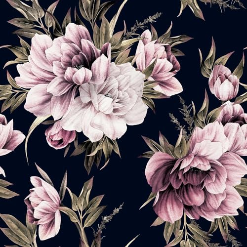 FunStick 44.5CM×9M Boho Pfingstrose Dunkelschwarz Tapete mit Blumen Klebetapete Selbstklebend Wand Dekofolie Möbelfolie Schwarz Kleiderschrank Folie Selbstklebend Dunkel Florale Tapete Wandverkleidung von FunStick