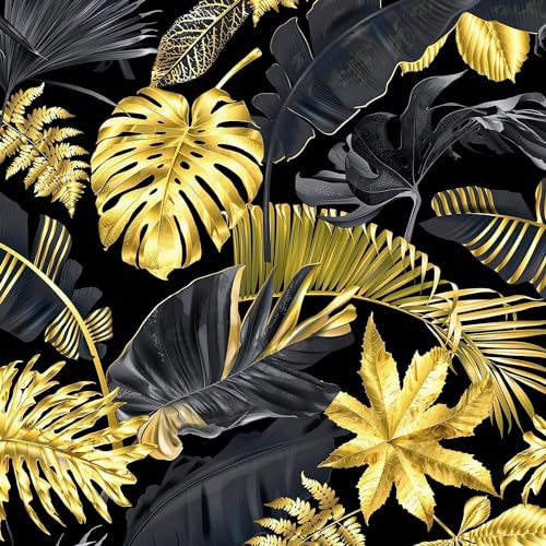 FunStick 44.5CM×9M Dschungel Tapete Selbstklebend Schwarz Gold Möbelfolie Selbstklebend Blätter Tropisch Tapete Schlafzimmer Abnehmbare Klebefolie Schwarz Muster Gold Schrankpapier Dekofolie Gold Wand von FunStick