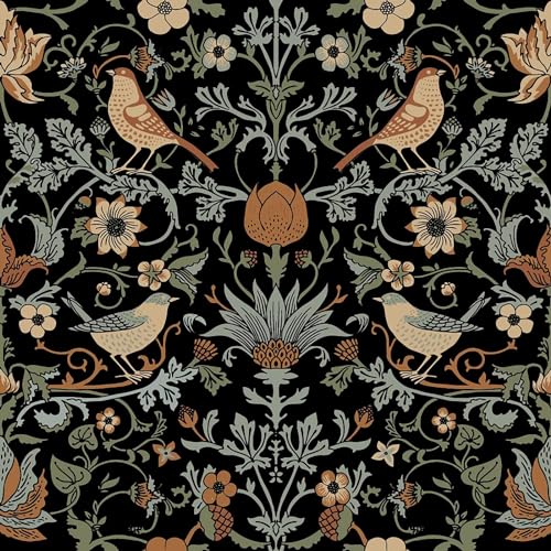 FunStick 44.5CM×9M Schwarze Blumentapete Vintage Tapete Selbstklebend Schlafzimmer Blätter Dschungel Wandtapete Wohnzimmer Schwarz Klebefolie Möbel Blumenmuster Vögel Dekofolie Selbstklebend Schwarz von FunStick