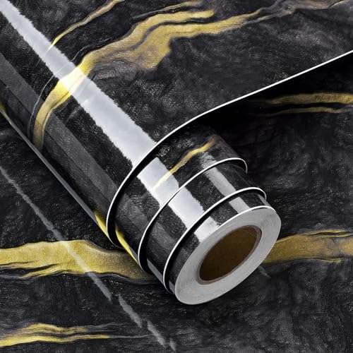 FunStick 60CM×5M Klebefolie Möbel Marmor Schwarze Folie Selbstklebend Glänzend Marmor Klebefolie Küchenschrank Tischplatte Schwarz Gold Tapeten Marmoroptik Folie für Möbel Küche Arbeitsplatte Schwarz von FunStick