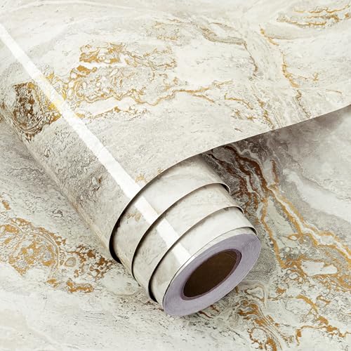 FunStick 90CM×5M Möbelfolie Küchenarbeitsplatte Grau Schrank Folie Selbstklebend Beige Marmoroptik Tapete Küche Folie für Tischplatte Marmor Glänzend Beige Gold Klebefolie Möbel Marmoroptik Deko Küche von FunStick