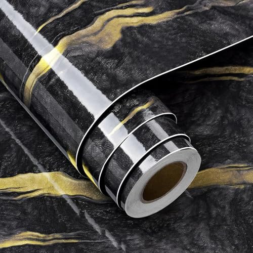 FunStick 90CM×5M Möbelfolie Marmor Folie Arbeitsplatte Küche Schwarz Hochglanz Selbstklebende Marmor Tapete Schwarz Gold Wandtapete Selbstklebend Küchenfolie Marmoroptik Klebefolie Küchenfronten von FunStick