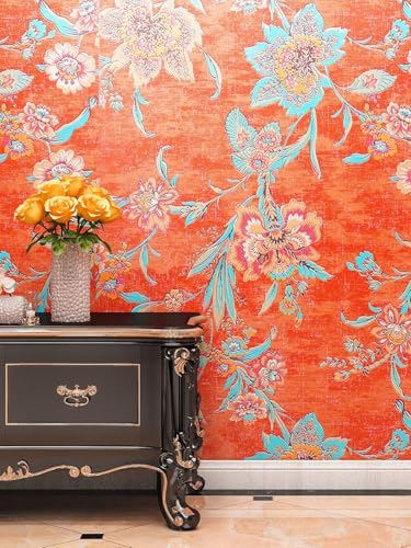 FunStick Klebe Tapete Selbstklebend Blumen Orange Rot Aquarell Selbstklebende Folie für Möbel Vintage Schrank Klebefolie Möbel Orange Muster Tapete Schlafzimmer Blumen Tropisch Tapeten Wand 44.5CM×3M von FunStick