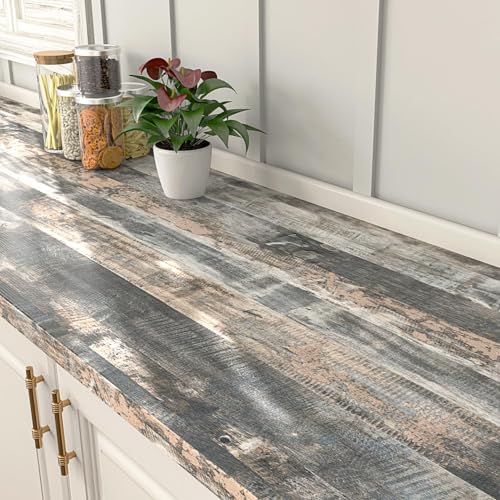 FunStick Klebefolie Möbel Grau Holz Arbeitsplatte Küche Folie Holzpaneele Wand Selbstklebend Tapete Grau Schlafzimmer Wasserdicht Möbelfolie Holzoptik Schrank Tisch Klebefolie Holzoptik Grau 30CMx5M von FunStick