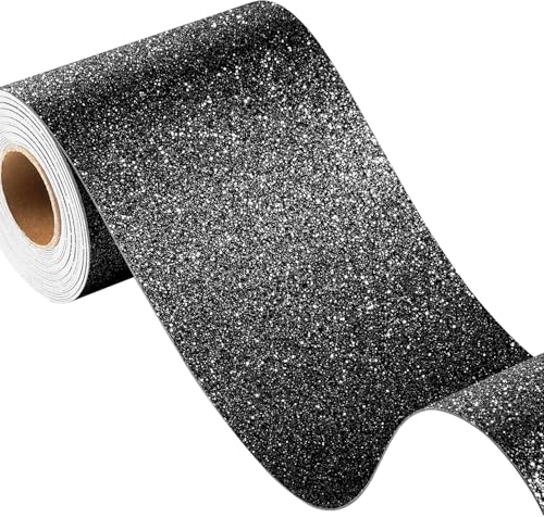FunStick Möbelfolie Glitzer Selbstklebend Tapetenbordüre Schwarz Bordüren Bastelpapier Glitzer Schwarz Wandtattoo Wohnzimmer Badezimmer Bordüre Wand Selbstklebend Schwarze Klebefolie Möbel 10CM×5M von FunStick