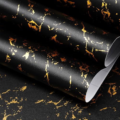 FunStick Möbelfolie Marmor Schwarz Gold Tapete Selbstklebend Küche Wohnzimmer Abnehmbare Wandverkleidung Marmoroptik Schwarz Klebefolie Möbel Marmor Küchenfolie Arbeitsplatte Schwarz Gold 30CM×5M von FunStick