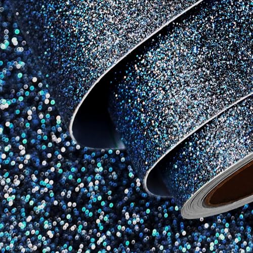FunStick Möbelfolie Schwarz Glitzer Tapete Selbstklebend Blau Vinylfolie Glitzerfolie Selbstklebend Möbel Schwarz Blau Klebefolie Möbel Schrank Nachttisch Zum Basteln Blaues Glitzerpapier Deko 40CM×2M von FunStick