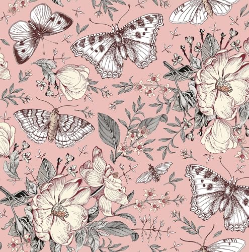 FunStick Selbstklebende Tapete Rosa Blumen Tapete Schmetterlinge Kinderzimmer Möbelfolie Selbstklebend Blumen Rosa Klebefolie Möbel Schlafzimmer Vinyl Tapeten Rosa Blumenmuster Schmetterling 44.5CMx3M von FunStick