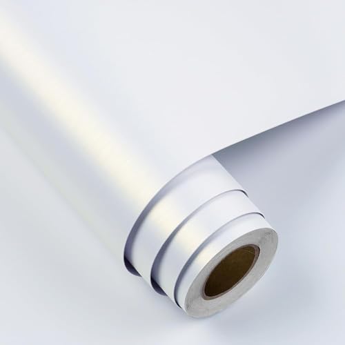 FunStick Selbstklebende Tapete Weiß Metallic Folie Spritzschutz Küche Wand Weiss Gebürsteter Edelstahl Küchen Klebefolie Schrank Geschirrspüler Abwaschbar Klebefolie Möbel Weiß Glänzend Tisch 40CM×2M von FunStick