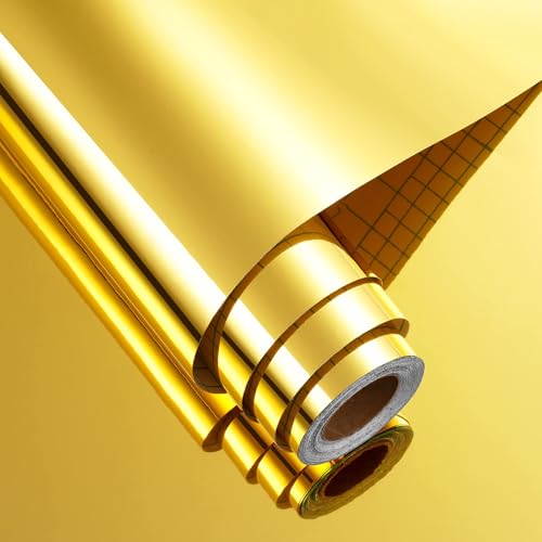 FunStick Spiegelfolie Selbstklebend Gold Klebespiegel Folie Hochglanz Goldfolie Selbstklebend Klebefolie für Möbel 30CMx2M Wandspiegel Deko Klebefolie Basteln Kinder Plotterfolie Vinyl Metallic Gold von FunStick