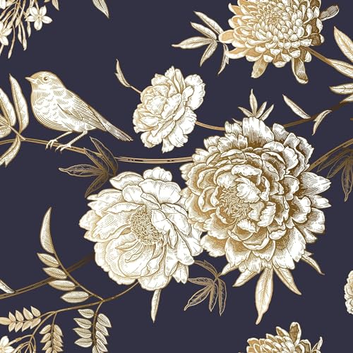 FunStick Tapete Selbstklebend Schwarz Gold Blumentapete Vintage Selbstklebende Folie Möbel Muster Schwarz Gold Abwaschbare Tapete Küche Vinyl Möbelfolie Selbstklebend Blumen Vintage Vögel 44.5CM×3M von FunStick