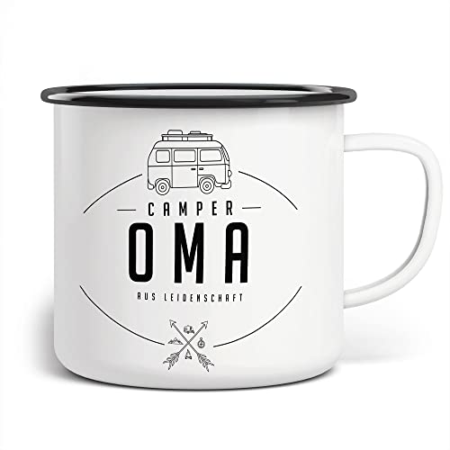 FunTasstic Emaille Tasse Camping Camper Oma aus Leidenschaft | Becher | Travel Mug | Van Camper, Farbe:weissschwarz, Größe:300ml von FunTasstic