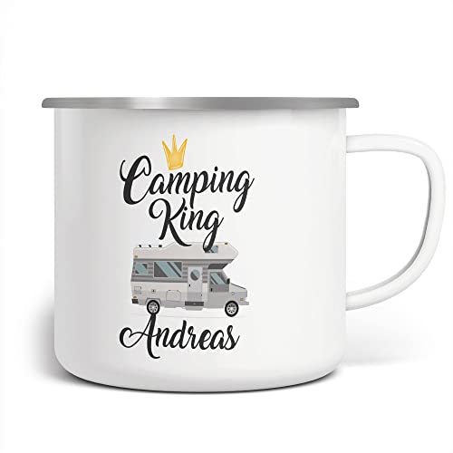 FunTasstic Emaille Tasse Camping Camping King mit Wohnmobil - mit Wunschname | Becher | Travel Mug | Van Camper, Farbe:weisssilber, Größe:300ml von FunTasstic