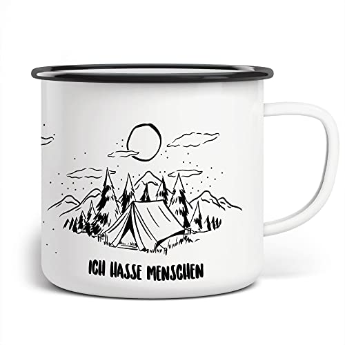 FunTasstic Emaille Tasse Camping Ich hasse Menschen | Becher | Travel Mug | Van Camper, Farbe:weissschwarz, Größe:300ml von FunTasstic