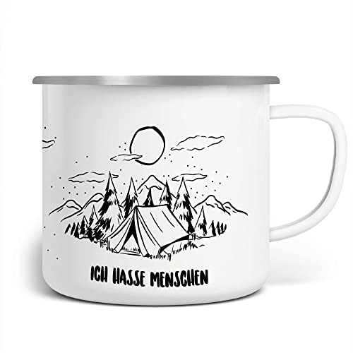 FunTasstic Emaille Tasse Camping Ich hasse Menschen | Becher | Travel Mug | Van Camper, Farbe:weisssilber, Größe:300ml von FunTasstic