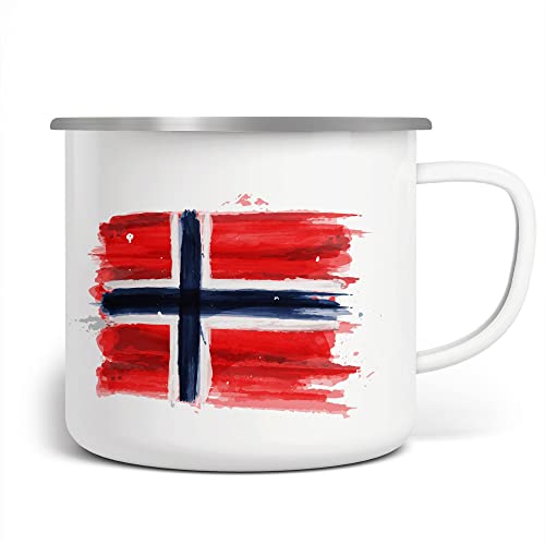 FunTasstic Emaille Tasse Camping Norwegen Flagge | Becher | Travel Mug | Van Camper, Farbe:weisssilber, Größe:300ml von FunTasstic