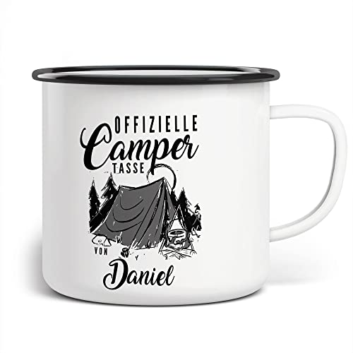 FunTasstic Emaille Tasse Camping Offizielle Campertasse mit Zelt im Wald - mit Wunschname | Becher | Travel Mug | Van Camper, Farbe:weissschwarz, Größe:300ml von FunTasstic