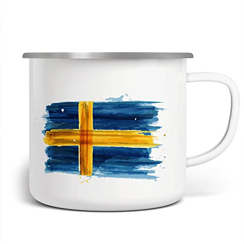 FunTasstic Emaille Tasse Camping Schweden Flagge | Becher | Travel Mug | Van Camper, Farbe:weisssilber, Größe:300ml von FunTasstic