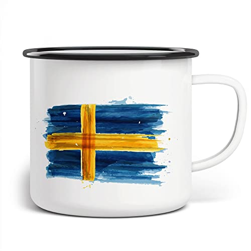 FunTasstic Emaille Tasse Camping Schweden Flagge | Becher | Travel Mug | Van Camper, Farbe:weissschwarz, Größe:300ml von FunTasstic