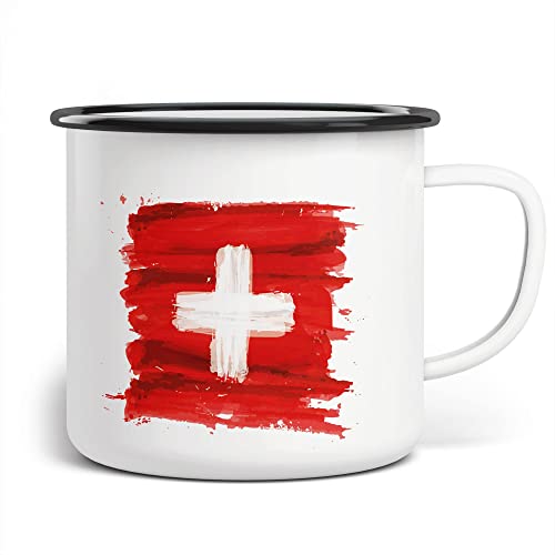 FunTasstic Emaille Tasse Camping Schweiz Flagge | Becher | Travel Mug | Van Camper, Farbe:weissschwarz, Größe:300ml von FunTasstic