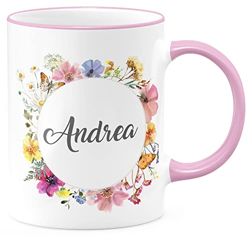 FunTasstic Tasse Blumenkranz personalisiert mit Namen Kaffeebecher beidseitig bedruckt spülmaschinenfest Tasse für das Büro Tee, Kaffee Geschenkidee, Farbe:rosa, Größe:330 ml von FunTasstic