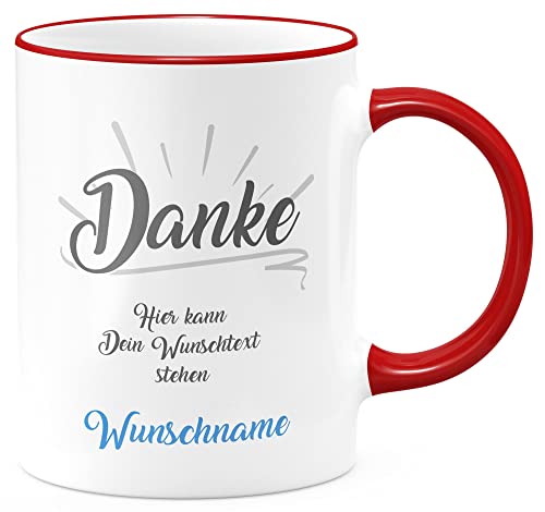 FunTasstic Tasse Danke Tasse mit Wunschtext und Wunschname blau Kaffeebecher spülmaschinenfest Tasse Büro Tee Kaffee Geschenkidee, Farbe:rot, Größe:Danke (blau) von FunTasstic