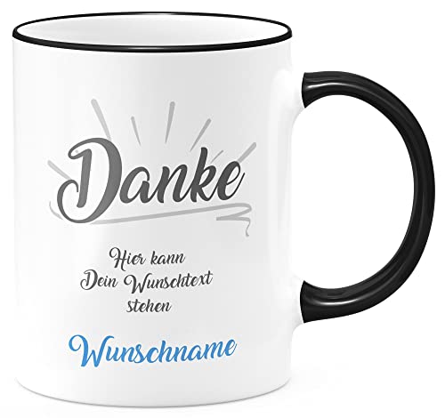 FunTasstic Tasse Danke Tasse mit Wunschtext und Wunschname blau Kaffeebecher spülmaschinenfest Tasse Büro Tee Kaffee Geschenkidee, Farbe:schwarz, Größe:Danke (blau) von FunTasstic
