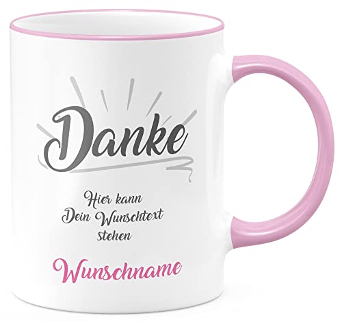 FunTasstic Tasse Danke Tasse mit Wunschtext und Wunschname pink Kaffeebecher spülmaschinenfest Tasse Büro Tee Kaffee Geschenkidee, Farbe:rosa, Größe:Danke (pink) von FunTasstic