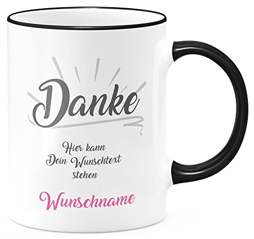 FunTasstic Tasse Danke Tasse mit Wunschtext und Wunschname pink Kaffeebecher spülmaschinenfest Tasse Büro Tee Kaffee Geschenkidee, Farbe:schwarz, Größe:Danke (pink) von FunTasstic