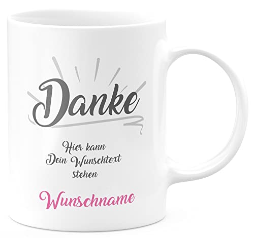 FunTasstic Tasse Danke Tasse mit Wunschtext und Wunschname pink Kaffeebecher spülmaschinenfest Tasse Büro Tee Kaffee Geschenkidee, Farbe:weiss, Größe:Danke (pink) von FunTasstic