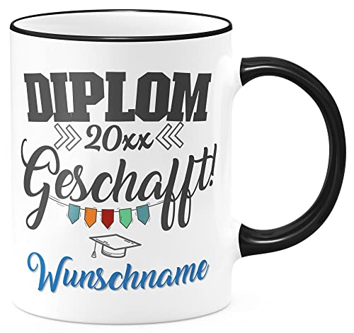 FunTasstic Tasse Diplom geschafft mit Wunschname und Jahreszahl Kaffeebecher beidseitig bedruckt spülmaschinenfest Tasse für das Büro Tee, Kaffee Geschenkidee, Farbe:schwarz, Größe:Diplom von FunTasstic