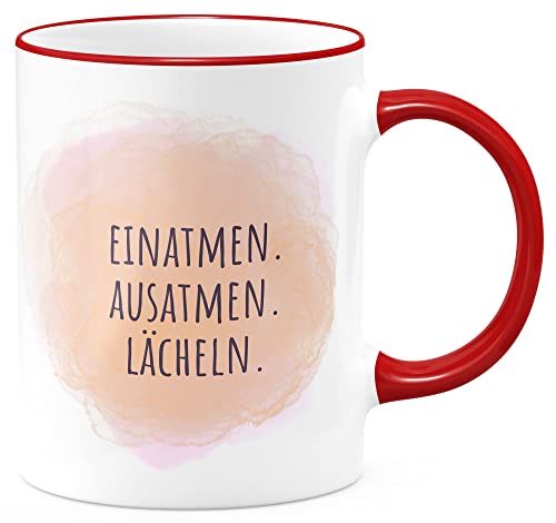 FunTasstic Tasse Einatmen Ausatmen Lächeln Kaffeebecher beidseitig bedruckt spülmaschinenfest Tasse Büro Tee Kaffee Geschenkidee, Farbe:rot, Größe:Einatmen von FunTasstic