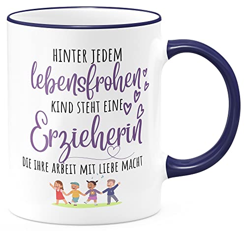 FunTasstic Tasse Hinter jedem lebensfrohen Kind steht eine Erzieherin Kaffeebecher beidseitig bedruckt spülmaschinenfest Tasse Büro Tee, Kaffee Geschenkidee, Farbe:kobalt, Größe:Erzieherin von FunTasstic